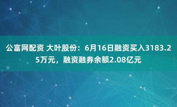 公富网配资 大叶股份：6月16日融资买入3183.25万元，融资融券余额2.08亿元